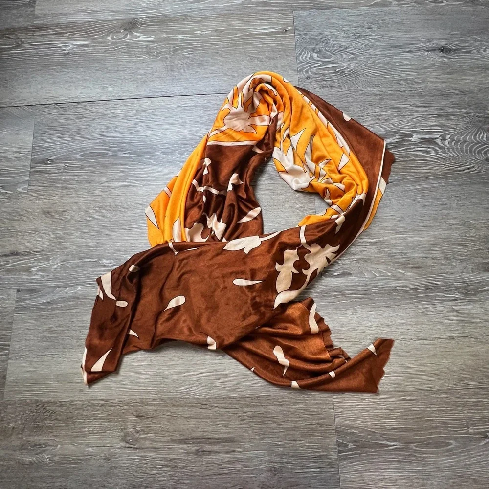 Silky Scarf Sarong Womens OS Brown Orange Floral Tropical Wrap Shawl AI63